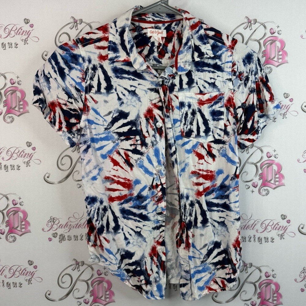 Cat & Jack T-shirt button up firework Red and Blue Tie-Dye Button Down Shirt